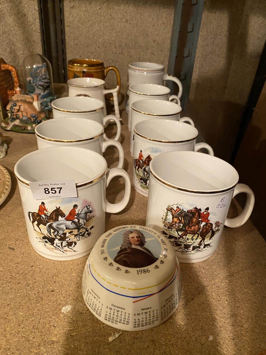 A COLLECTION OF HUNTING THEMED MUGS DEPICTING VARIOUS SCENES TOGETHER WITH FURTHER WEDGWOOD PAPER