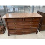 A 19TH CENTURY WALNUT CONTINENTAL CHEST OF TWO SHORT AND THREE LONG DRAWERS, WITH MARBLE TOP, 52"