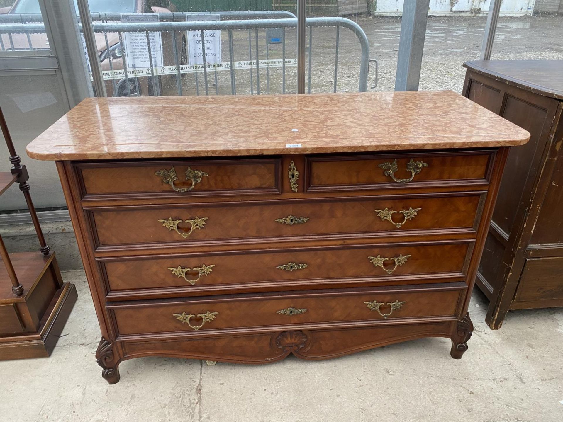 A 19TH CENTURY WALNUT CONTINENTAL CHEST OF TWO SHORT AND THREE LONG DRAWERS, WITH MARBLE TOP, 52"