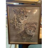 A FRAMED PRINT DEPICTING TWO LEOPARDS BY JOAN BENCHE