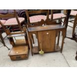 AN EDWARDIAN OAK WALL CABINET AND MIRRORED WALL SHELF WITH DRAWER