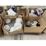 AN ASSORTMENT OF HOUSEHOLD CLEARANCE ITEMS TO INCLUDE A KETTLE, SIDE PLATES AND LAMP SHADES ETC