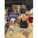 AN ASSORTMENT OF ITEMS TO INCLUDE PERFUME BOTTLES, HAND BAGS AND A HAT ETC
