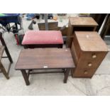 A PIANO STOOL, TWO LOCKERS AND AN OAK COFFEE TABLE