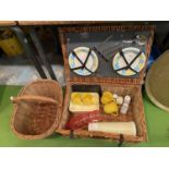 AN ANTLER PICNIC HAMPER TO INCLUDE A FOUR PERSON SET OF PLATES, CUTLERY, MUGS AND DRINKING GLASSES