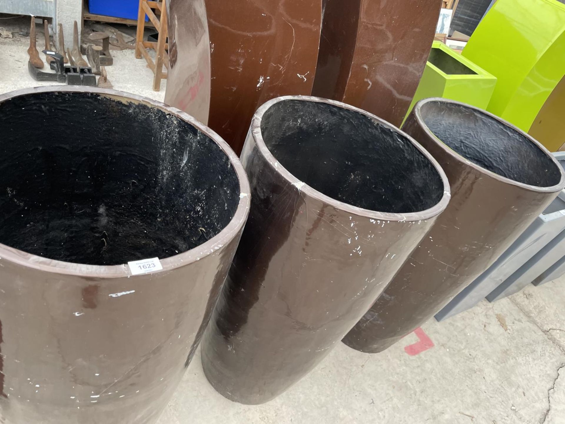 THREE ROUND BROWN FIBRE GLASS PLANTERS (H:93CM) - Image 2 of 2