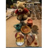 AN ASSORTMENT OF ITEMS TO INCLUDE A WAX MELT WARMER, CANDLE STICK HOLDER, COASTERS AND A TEDDY BEAR