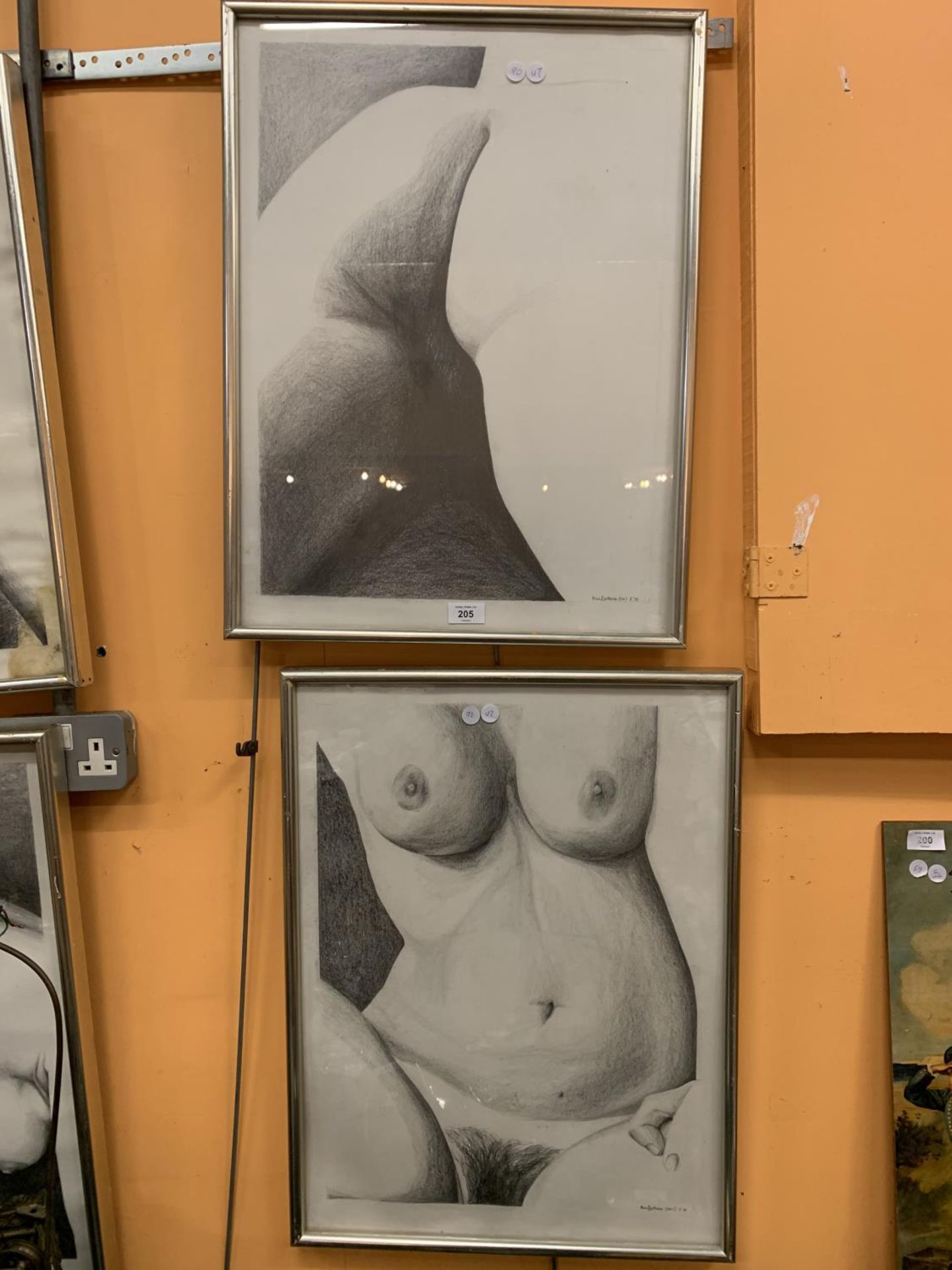 TWO FRAMED EROTIC DRAWINGS SIGNED ALEY EASTIRE