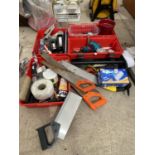 AN ASSORTMENT OF TOOLS TO INCLUDE A BLACK AND DECKER DRILL, PLIERS AND HAND SAWS ETC