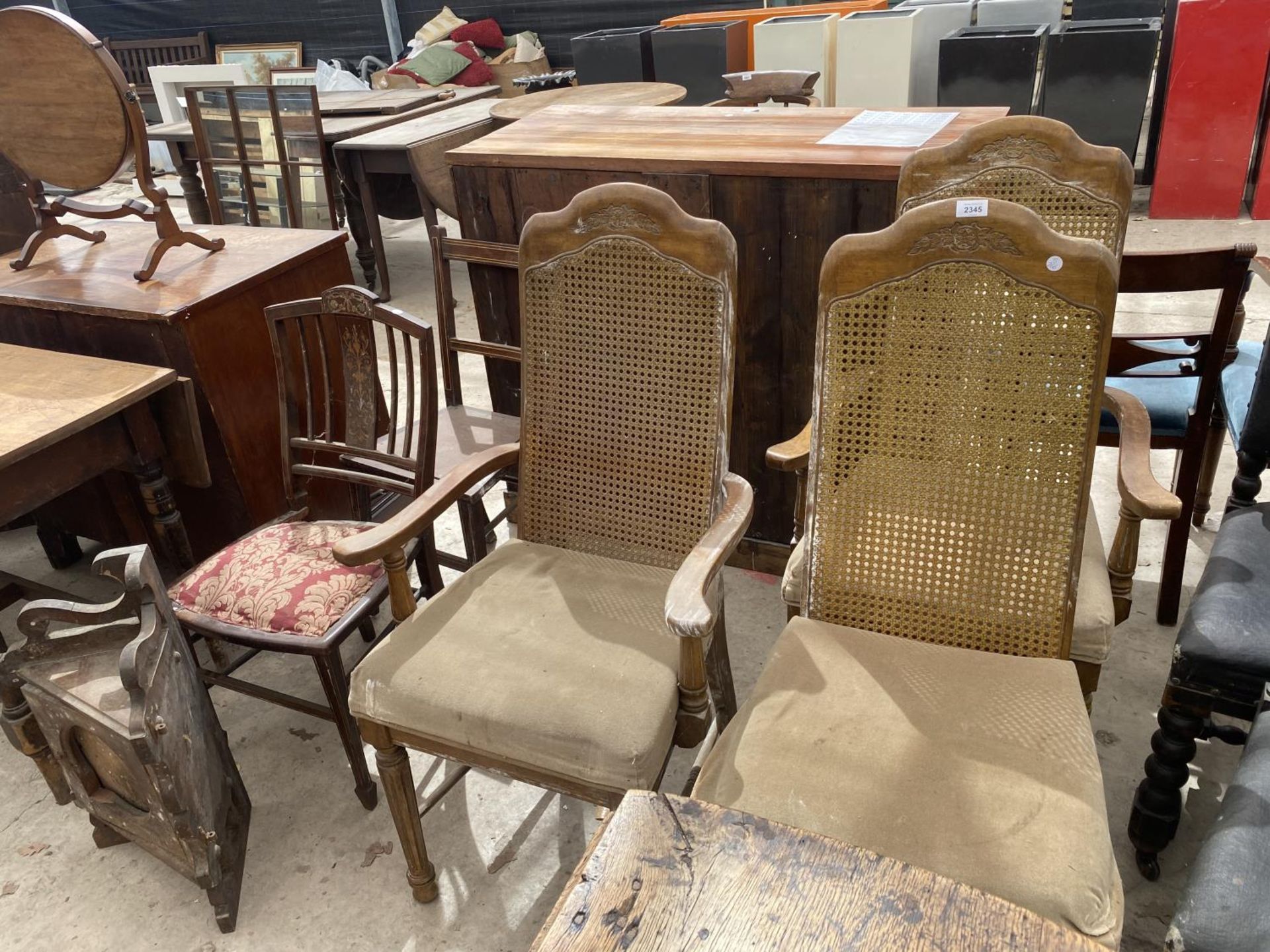 TWO EDWARDIAN BEDROOM CHAIRS, THREE CANE-BACK DINING CHAIRS AND A VICTORIAN CORNER STAND
