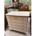 A MODERN CREAM/GILT CHEST OF FIVE DRAWERS, 31" WIDE