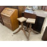 A PAIR OF TABLE PEDESTALS, PART MUSIC STAND AND OAK BUREAU