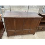 A VICTORIAN SCUMBLED BLANKET CHEST WITH FOUR PANEL FRONT AND TWO DRAWERS TO THE BASE, WITH IRON