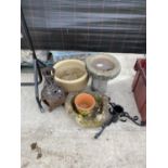 AN ASSORTMENT OF ITEMS TO INCLUDE A BIRD BATH, A CERAMIC PLANTER AND A CANDLE HOLDER ETC