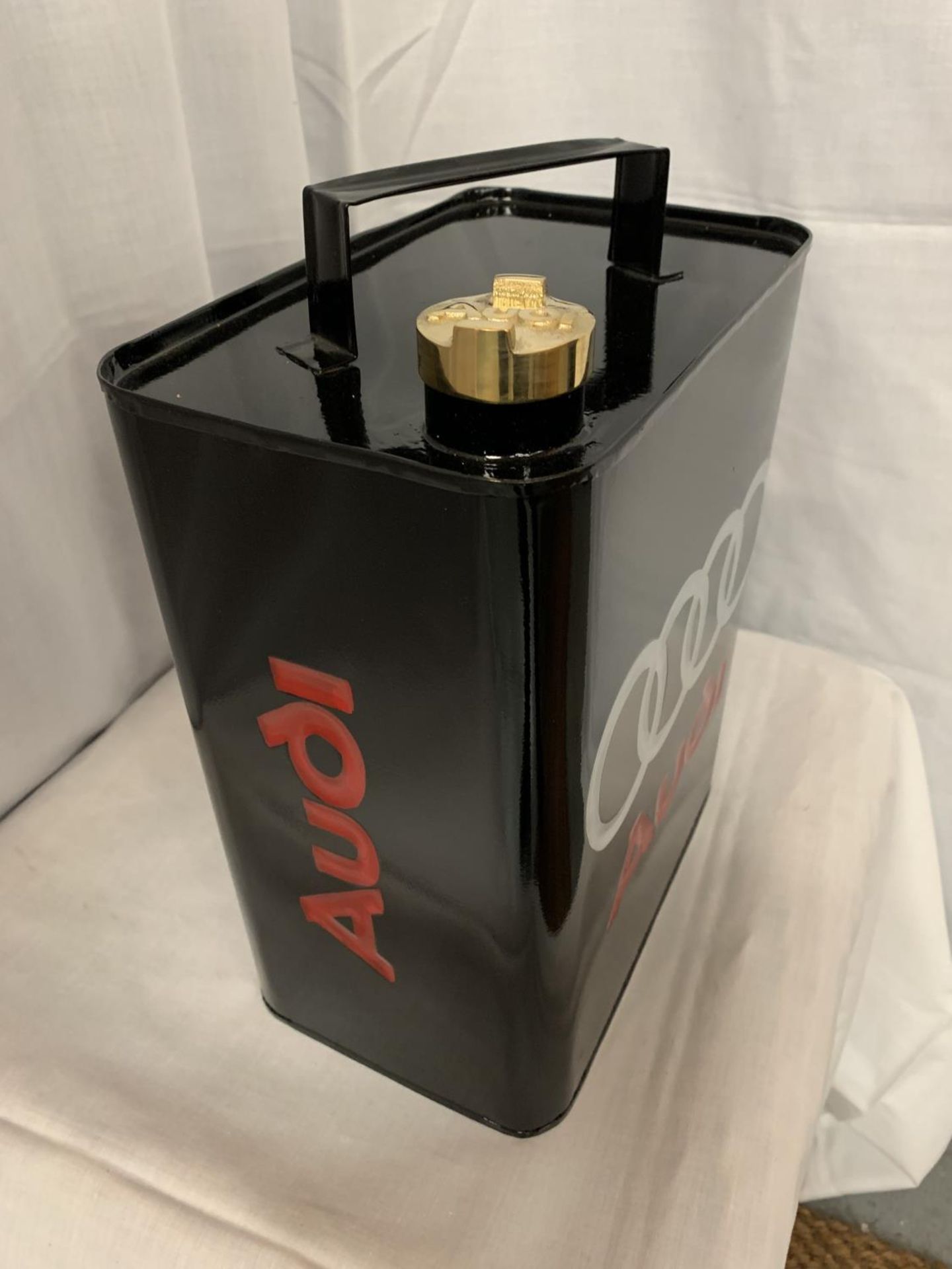 A BLACK METAL 'AUDI' FUEL CAN WITH A BRASS LID - Image 2 of 4