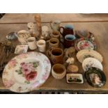 A COLLECTION OF CERAMICS TO INCLUDE LARGE CHARGER WITH FLORAL DECORATION, TANKARDS, JUGS, PLATES,