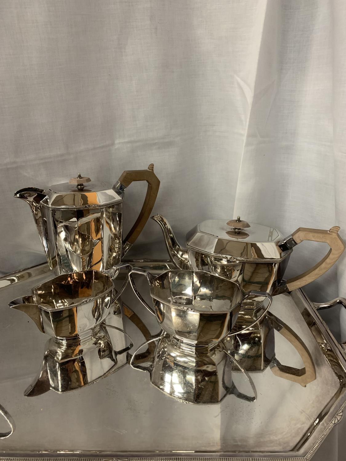 A LARGE SILVERPLATE TRAY WITH TWO SILVERPLATE TEA POTS, MILK AND CREAMER JUGS AND SUGAR BOWL - Image 2 of 6