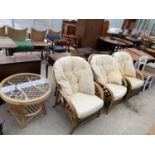 THREE BAMBOO AND WICKER CONSERVATORY CHAIRS AND CIRCULAR TABLE