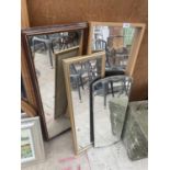 A BEVELED EDGE ART DECO MIRROR, A WOODEN FRAMED BEVELED EDGE MIRROR AND A FURTHER GILT FRAMED MIRROR