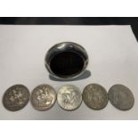 TWO QUEEN VICOTIA SILVER CROWNS DATED 1889 AND 1890, GEORGE VI 1937 CROWN, FIVE POUND, DOLLAR AND