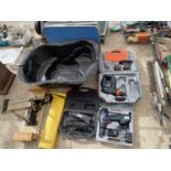 AN ASSORTMENT OF ITEMS TO INCLUDE A POWER CRAFT DRILL, A QUATRO DRILL AND A MITRE SAW ETC