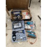 AN ASSORTMENT OF TOOLS TO INCLUDE A BLACK AND DECKER DRILL AND SANDER AND A SOCKET SET ETC