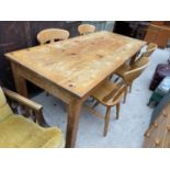 A VICTORIAN STYLE PINE FARMHOUSE KITCHEN TABLE, 74X32" AND FOUR CHAIRS