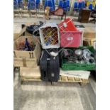 AN ASSORTMENT OF HOUSEHOLD CLEARANCE ITEMS TO INCLUDE POTS AND PANS, SUITCASES AND GARDEN LIGHTS ETC