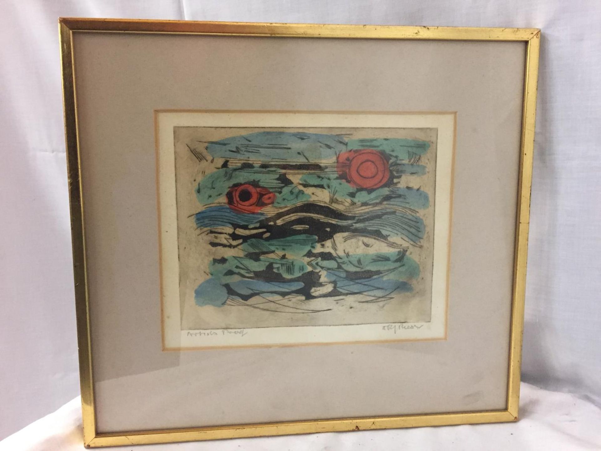 A FRAMED ABSTRACT BY DOLF RESER ARTISTS PROOF OF ORIGINAL, NOT PRINT ETCHING & LISTED ARTIST, HIS