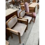 A PAIR OF HARDWOOD ELBOW CHAIRS STAMPED AFA BELGIUM AND A MODERN UPHOLSTERED ELBOW CHAIR