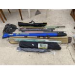 AN ASSORTMENT OF FISHING TACKLE TO INCLUDE ROD RESTS, POLES AND NETS ETC