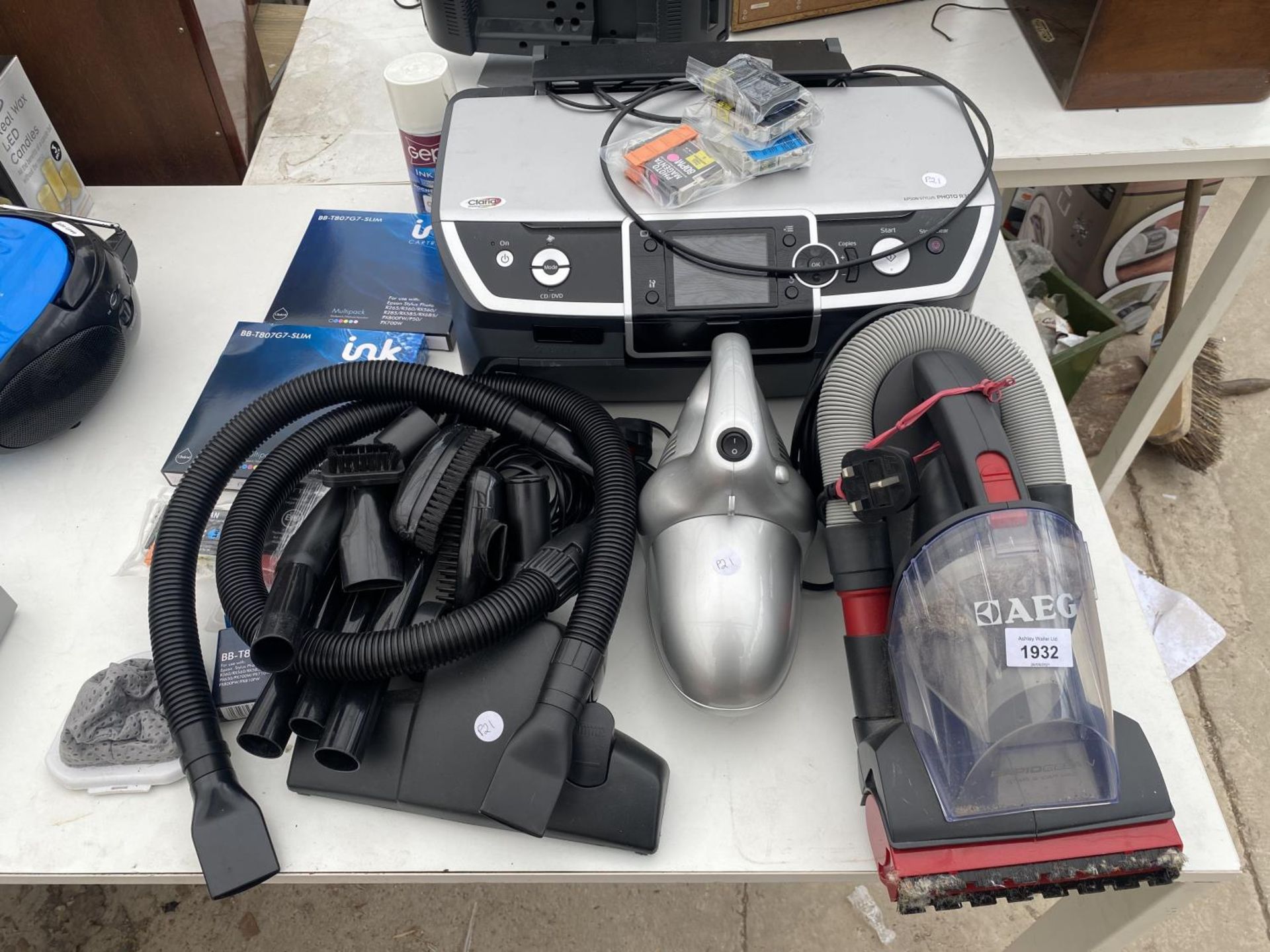 AN ASSORTMENT OF ITEMS TO INCLUDE AN AEG HAND HELD HOOVER AND A EPSON PRINTER