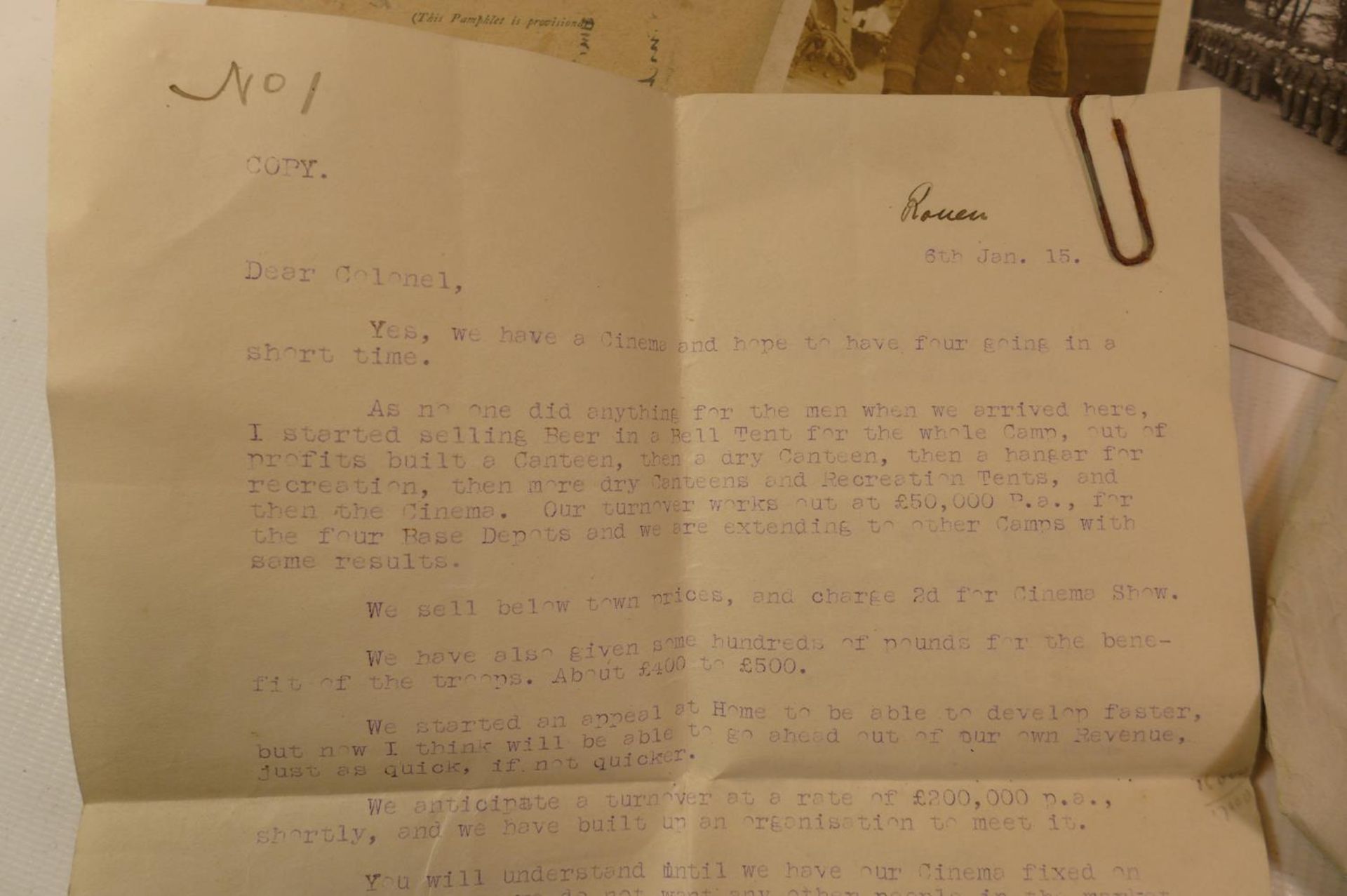 A WORLD WAR 1 LETTER DATED 1915 CONCERNING TROOP CANTEENS AT ROUEN, PHOTOS OF THE HOME GUARD - Image 2 of 6