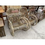 A PAIR OF BAMBOO AND WICKER ROCKING CHAIRS AND SIMILAR ELBOW CHAIR