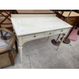 A WHITE PAINTED 19TH CENTURY STYLE TWO DRAWER SIDE TABLE ON TURNED TAPERING LEGS, 42" WIDE