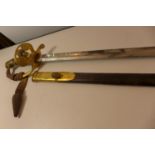 A GRENADIER OFFICERS SWORD, POSSIBLY FRENCH, 83CM BLADE COMPLETE WITH A GILT METAL AND LEATHER