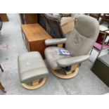 A STRESSLESS EKORNES RECLINER CHAIR COMPLETE WITH STOOL