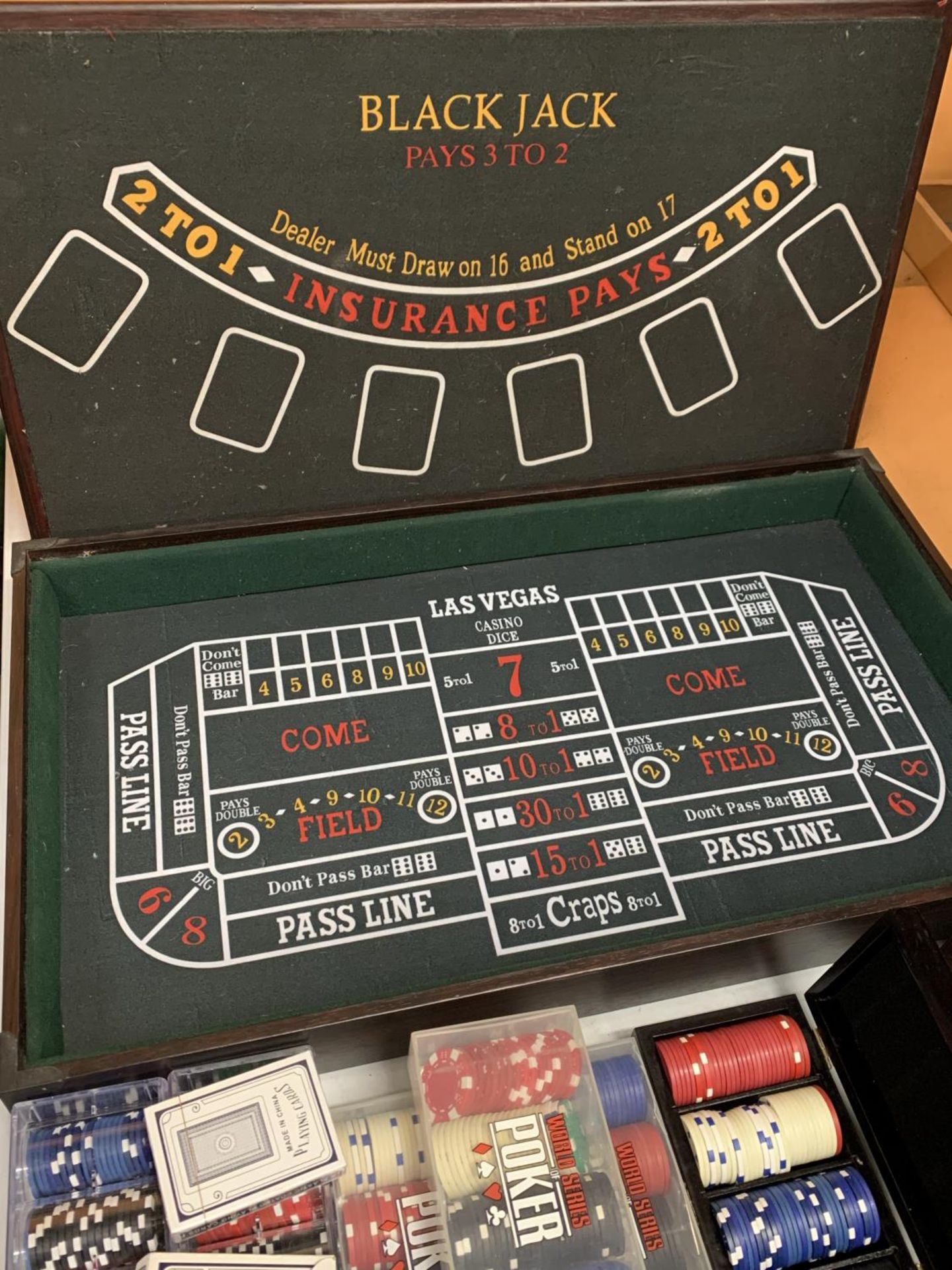 A ROULETTE BOARD WITH WHEEL, CHIPS, DICE ETC - Image 4 of 5