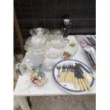 AN ASSORTMENT OF ITEMS TO INCLUDE FLATWARE, GLASS DISHES ETC