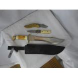 A LARGE BOWIE KNIFE, 31CM BLADE, SHEATH, TWO DAMASCUS BLADED PERKIN FOLDING KNIVES (3)