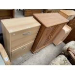 A MODERN TWO DRAWER SHOE CABINET, A PINE TWO DOOR CABINET AND A MODERN BEDSIDE CHAIR