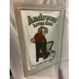 A LARGE VINTAGE ANDREW'S LIVER SALTS MIRROR WITHIN A PAINTED WOODEN FRAME 94CM X 68CM