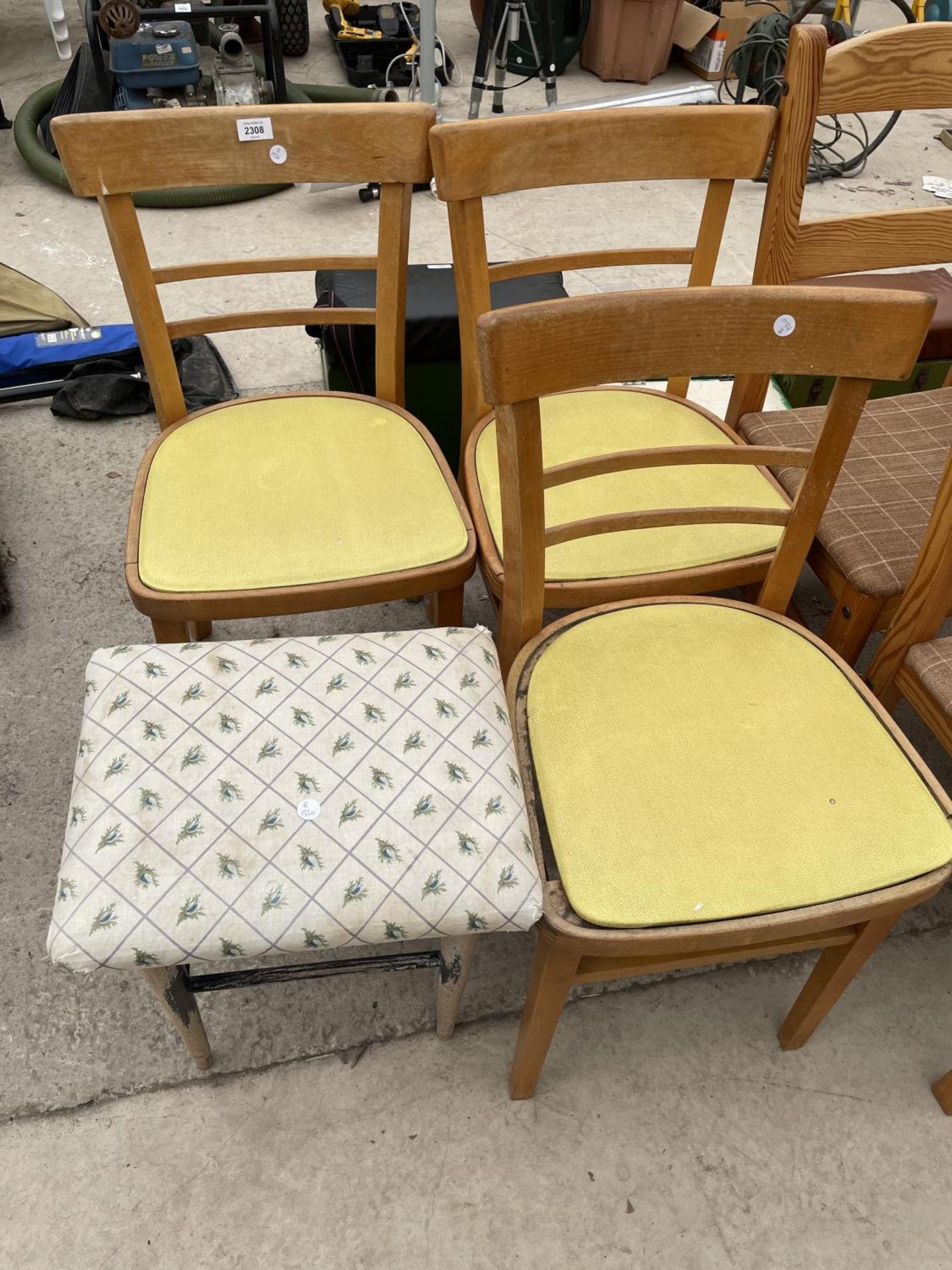 THREE MID 20TH CENTURY KITCHEN CHAIRS AND A STOOL