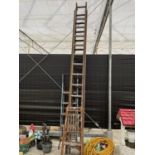AN ASSORTMENT OF LADDERS TO INCLUDE A TUBULAR METAL 5 RUNG STEP LADDER A WOODEN EXTENDING LADDER AND