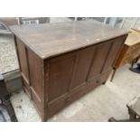 A VICTORIAN SCUMBLED BLANKET CHEST WITH FOUR PANEL FRONT AND TWO DRAWERS TO THE BASE, WITH IRON