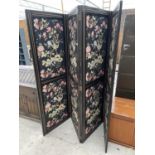 A VICTORIAN EBONISED FOUR DIVISION SCREEN (EACH SCREEN IS 24X72") WITH DECORATIVE PANELS OF EXOTIC