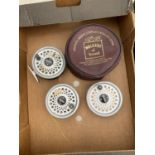 A RIMFLY LIGHTWEIGHT FLY REEL AND CASE, A RIMFLY KINGSIZE AND 2 SPARE FLY FISHING SPOOLS