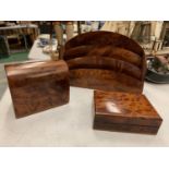 A WALNUT DESK SET TO INCLUDE A LETTER RACK ETC