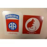 AN AIRBORNE METAL SIGN 17CM X 12CM AND A 7TH ARMOURED DESERT RAT SIGN 14CM X 14CM