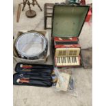 AN ASSORTMENT OF MUSICAL INSTRUMENTS TO INCLUDE A SNARE DRUM AND ACCORDIAN ETC